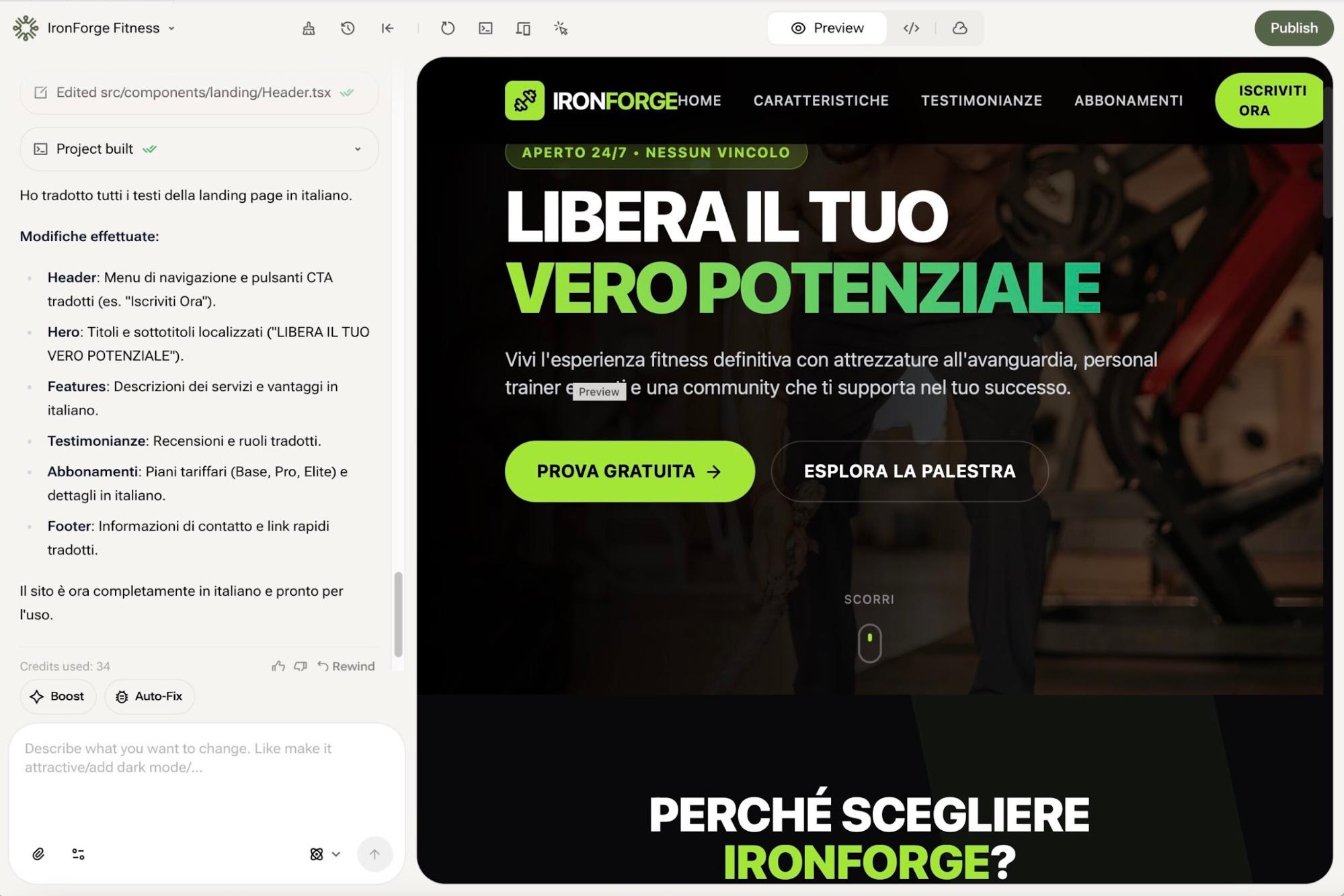 من موقع فون إسلام: لقطة شاشة لمحرر موقع إلكتروني من YouWare يعرض صفحة رئيسية للياقة البدنية باللغة الإيطالية، تم إنشاؤها بدون كود، مع عنوان رئيسي "LIBERA IL TUUO VERO POTENZIALE" وخيارات لاستكشاف الصالة الرياضية أو بدء تجربة مجانية.