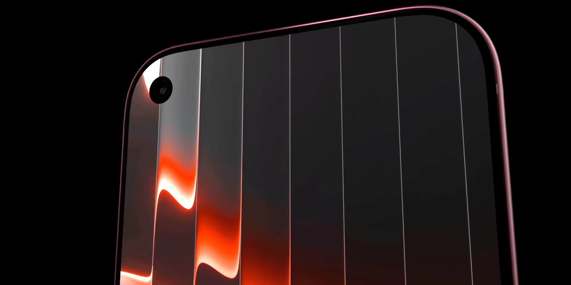 من موقع فون إسلام: صورة مقرّبة لشاشة هاتف ذكي مع كاميرا أمامية في الزاوية العلوية اليسرى، تعكس أنماط الضوء الأحمر والأبيض - في إشارة إلى هاتف iPhone 18 Pro في التسريبات الأخيرة.