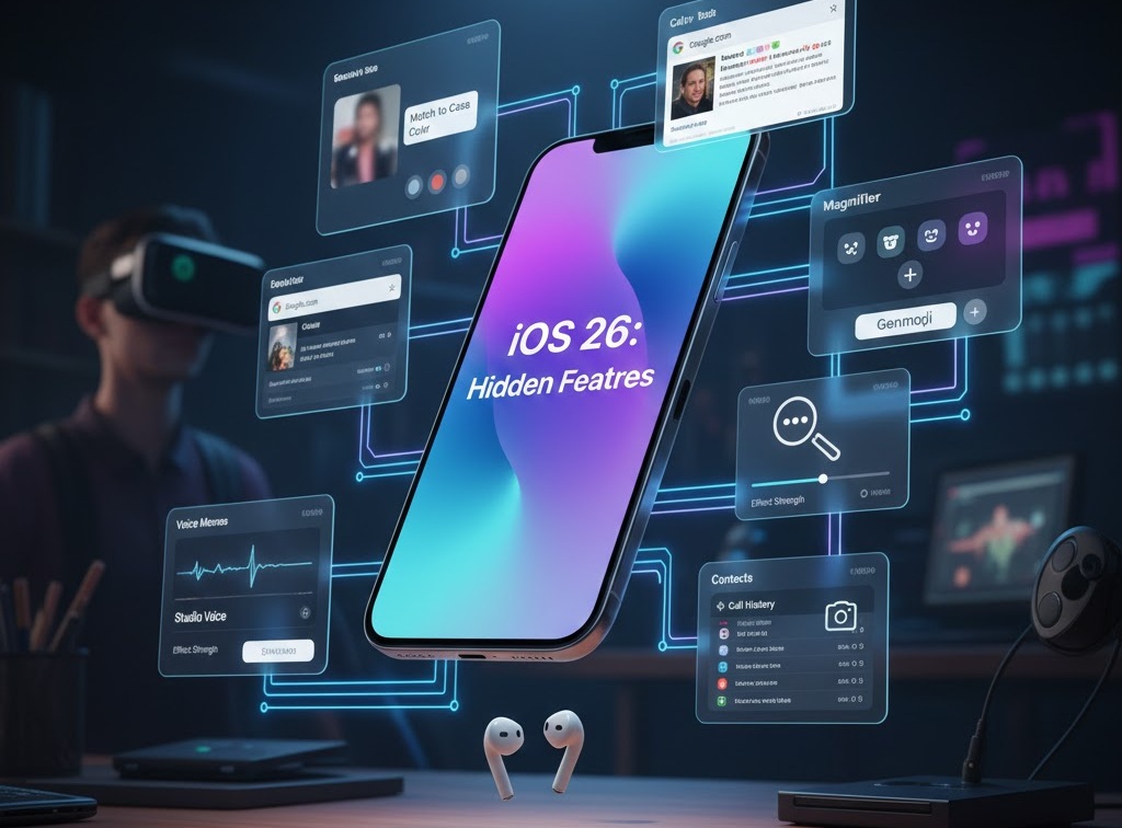 من موقع فون إسلام: هاتف ذكي يعرض "iOS 26: ميزات خفية" محاط بعناصر واجهة رقمية عائمة. يظهر في الخلفية شخص يرتدي سماعة رأس للواقع الافتراضي، بينما تستقر سماعات AirPods على المكتب.