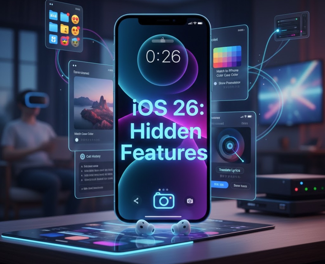 من موقع فون إسلام: يعرض الهاتف الذكي "نظام التشغيل iOS 26: الميزات المخفية" (ميزات مخفية iOS 26) على شاشته، وتحيط به أيقونات تطبيقات عائمة وعناصر رقمية في غرفة ذات طابع تقني.
