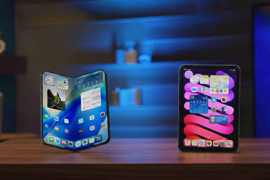 Od PhoneIslam: Składany smartfon, podobny do składanego iPhone'a, i standardowy tablet – oba z ekranami głównymi i widżetami aplikacji – umieszczone na drewnianym tablecie na niewyraźnym niebieskim tle.
