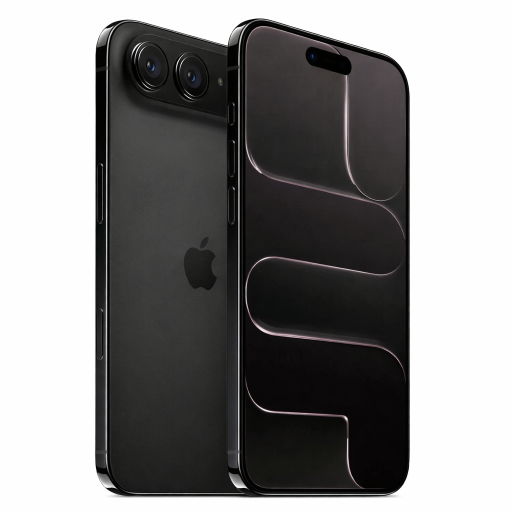 من موقع فون إسلام: هاتفان ذكيان حديثان من طراز آي-فون Air 2 بلمسات نهائية سوداء غير لامعة - أحدهما يعرض كاميرات مزدوجة وشعار Apple, بينما يكشف الآخر عن خلفية تجريدية داكنة، تبرز التصميم العصري والمستشعرات الأصغر.