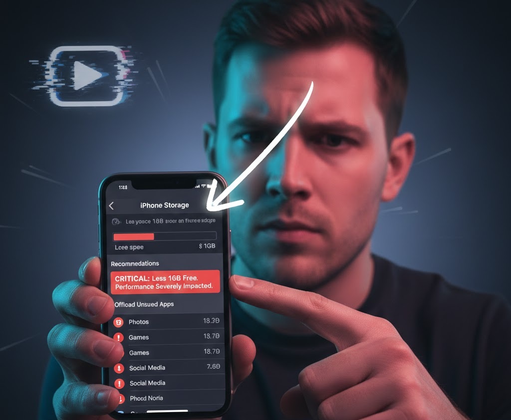 من موقع فون إسلام: رجل يشير إلى شاشة جهاز الآيفون الخاص به التي تعرض تحذيرًا للتخزين: "حرجة: أقل من 1 جيجابايت فارغة. تأثر الأداء بشكل كبير"، مع سهم يبرز التحذير، مع سهم يبرز التحذير، ويوضح مشكلة بطء الآيڤون الناجمة عن انخفاض سعة التخزين.