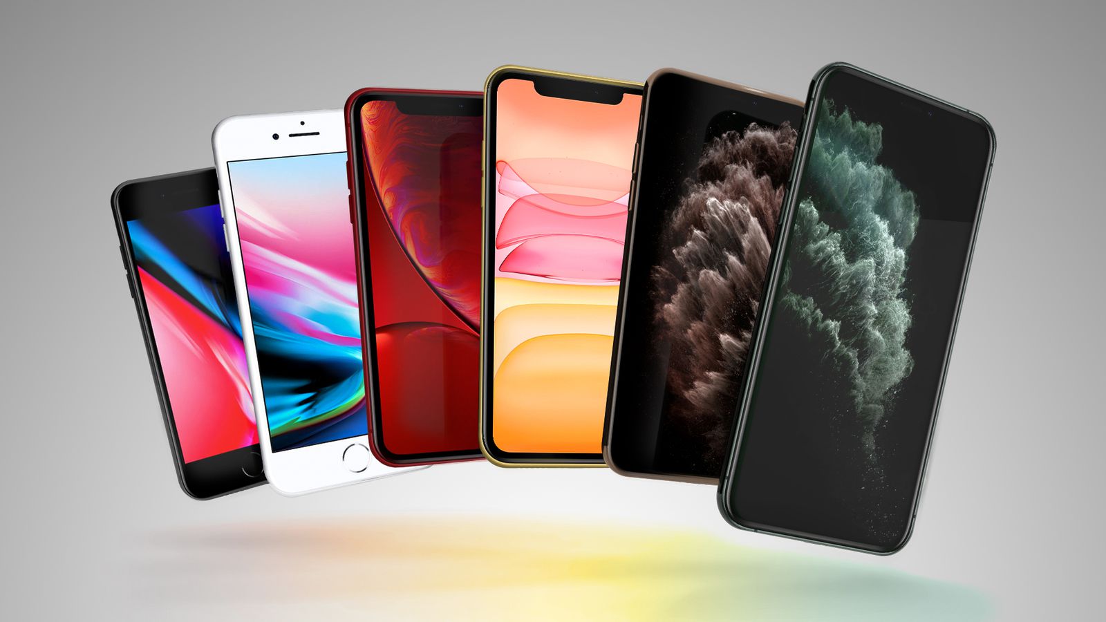 من موقع فون إسلام: يتم عرض ستة طرازات مختلفة من الهواتف الذكية في صف واحد على خلفية رمادية متدرجة، يعرض كل منها تصميمات وألوان مختلفة للشاشة، مما يجعلها مثالية لتظهر في ملخصات الأسبوع وأحدث أخبار التقنية.