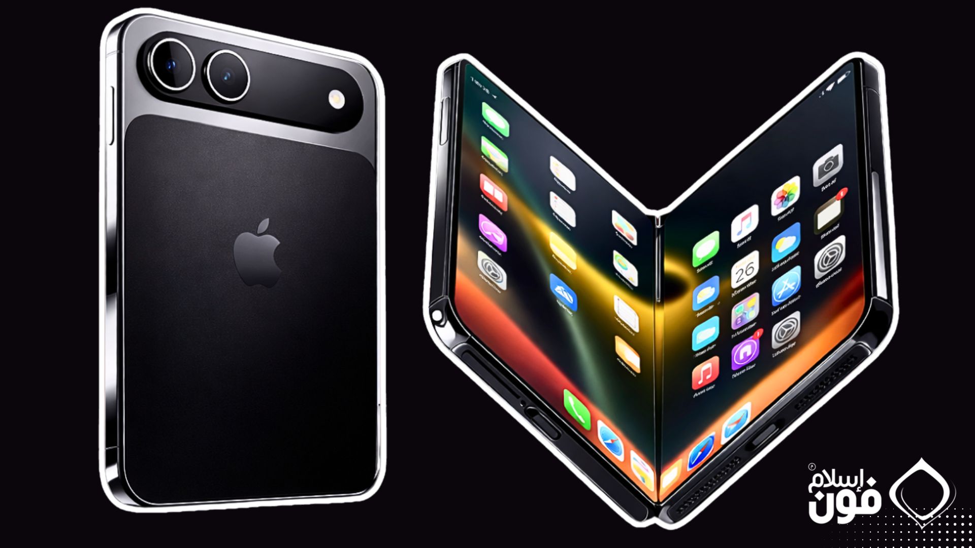 Od PhoneIslam: Obraz koncepcyjny przedstawiający składanego iPhone'a z dwoma tylnymi aparatami, dużym, elastycznym ekranem, który otwiera się, odsłaniając ikony aplikacji, i jest kompatybilny z Apple Pencil.