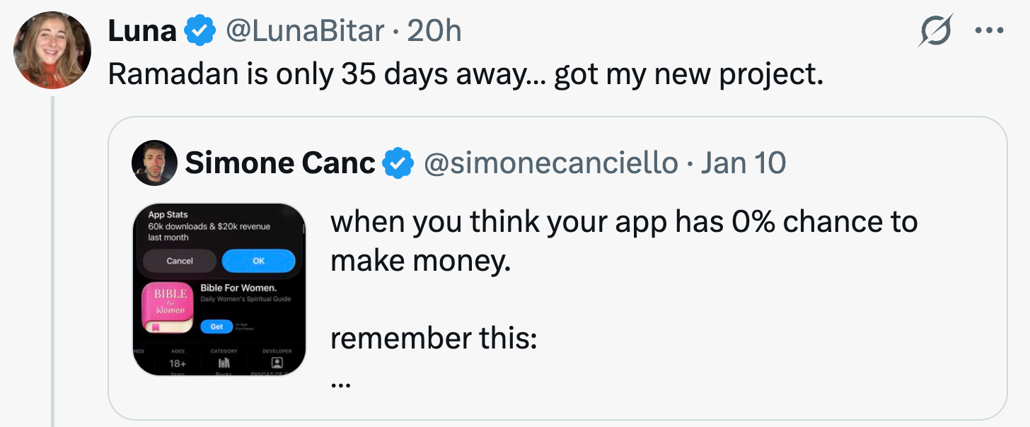 من موقع فون إسلام: تشير تغريدة من لونا إلى أن شهر رمضان سيحل بعد 35 يومًا وتذكر مشروعًا جديدًا، مقتبسةً تغريدة أخرى من سيمون كانك عن نجاح التطبيق على متجر التطبيقات.