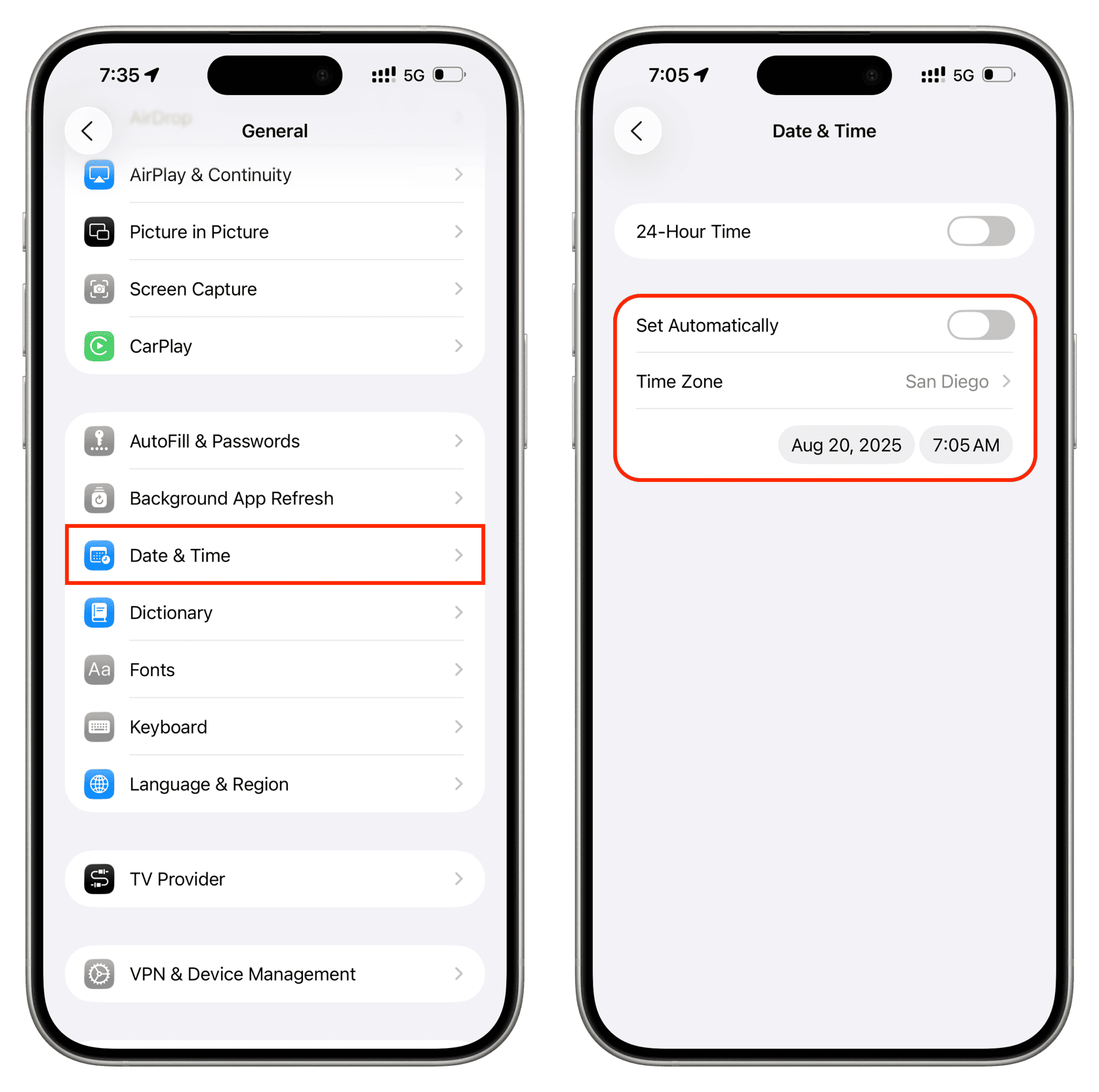 من موقع فون إسلام: تظهر شاشتا الهاتف الذكي إعدادات التاريخ والوقت مع إيقاف تشغيل "الضبط التلقائي"، والتاريخ مضبوط على 20 أغسطس 2025, والمنطقة الزمنية على سان دييغو - حيلة ذكية لـ "ضبط التوقيت" على "سان دييغو".