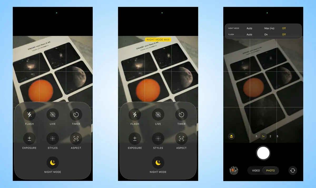 من موقع فون إسلام: تعرض ثلاث شاشات للهاتف الذكي واجهة تطبيق كاميرا كاميرا الآي-فون-فون التي تعرض إعدادات الفلاش والمؤقت والتعرض والجانب والوضع الليلي ووضع خفي فوق صفحة كتاب مع صور ليلية للقمر والكوكب.