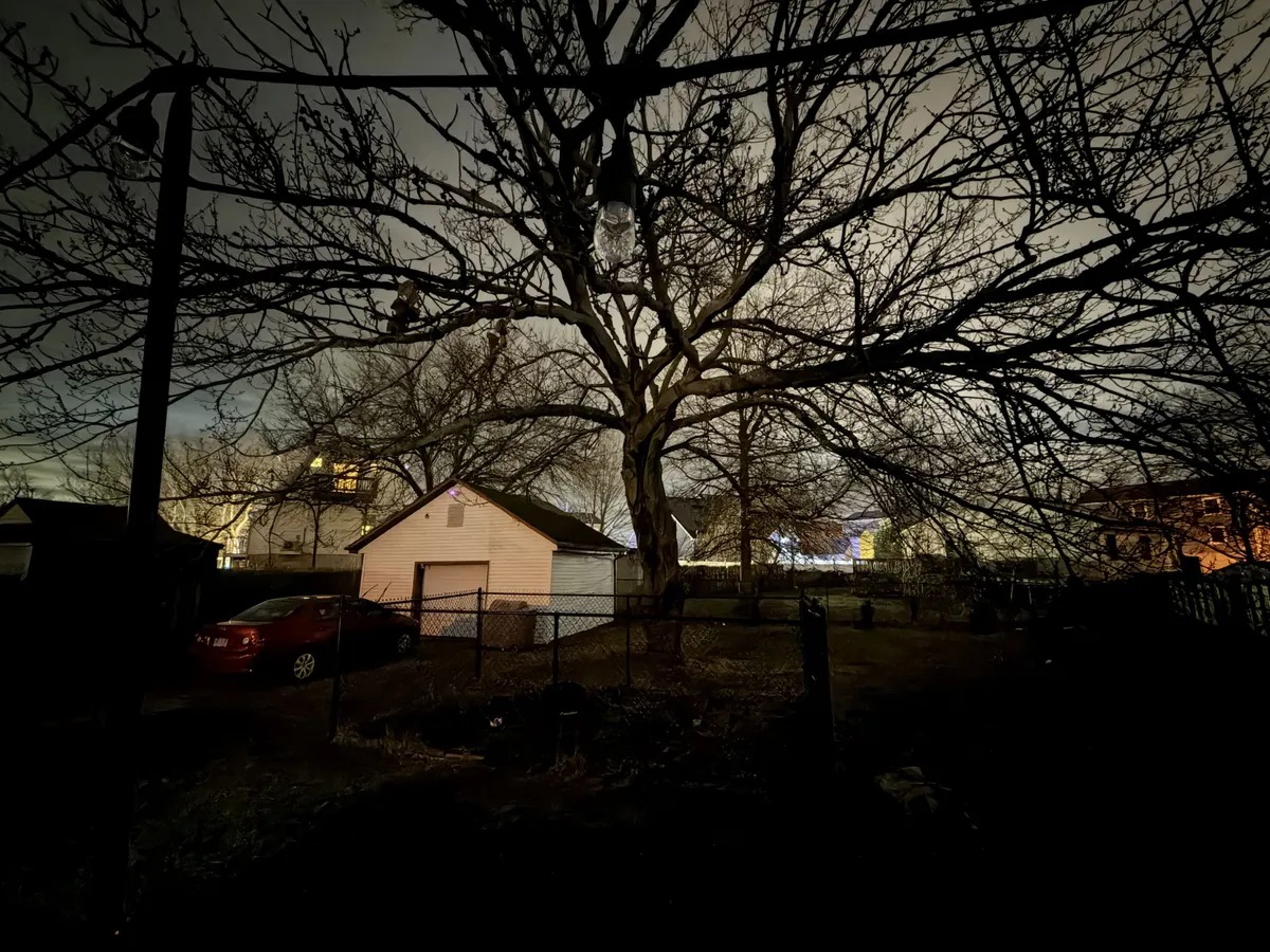 من موقع فون إسلام: تقف شجرة كبيرة بلا أوراق في فناء خلفي ليلاً، مع سيارة حمراء ومرآب أبيض يظهران تحت إضاءة خارجية خافتة، وتم التقاط كل ذلك بتفاصيل واضحة بفضل الوضع الليلي Max.