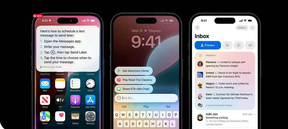 من موقع فون إسلام: تعرض ثلاثة هواتف ذكية شاشات مختلفة: دليل جدولة نصية تتضمن روبوت الدردشة، وشاشة رئيسية قابلة للتخصيص بنظام iOS 27 مع عناصر واجهة مستخدم، وصندوق بريد إلكتروني مع رسائل متعددة.