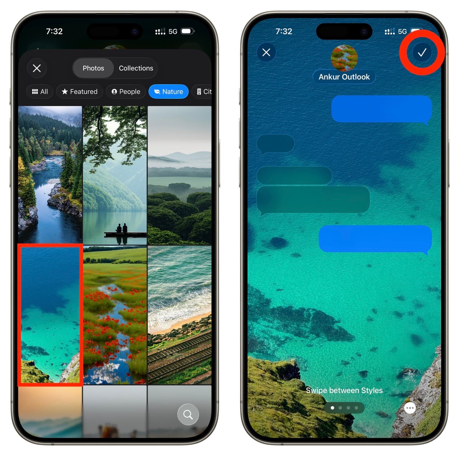 من موقع فون إسلام: تعرض شاشتا الهاتف الذكي اختيار وتعيين صورة طبيعة البحيرة الفيروزية كخلفية لرسائل iMessage خلفيات المحادثات في نظام التشغيل iOS 26، مع وجود علامة اختيار تؤكد التغيير.
