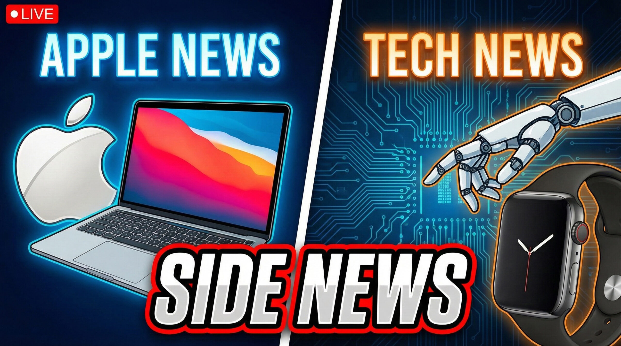 من موقع فون إسلام: صورة مقسمة مع "أخبار آبل" وجهاز كمبيوتر محمول على اليسار، و"أخبار التكنولوجيا" مع يد آلية وساعة ذكية وإضاءات معرض CES 2026 على اليمين. نص "الأخبار الجانبية" في أسفل الوسط.