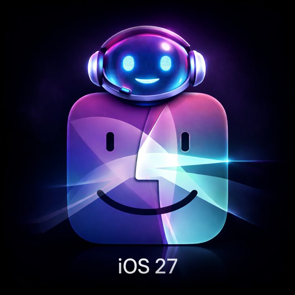 من موقع فون إسلام: رسم توضيحي رقمي يُظهر رأس روبوت دردشة مبتسمًا مستقبليًا مبتسمًا مع سماعات رأس فوق أيقونة تطبيق iOS منمقة ومتوهجة. يظهر النص "iOS 27" في الأسفل.