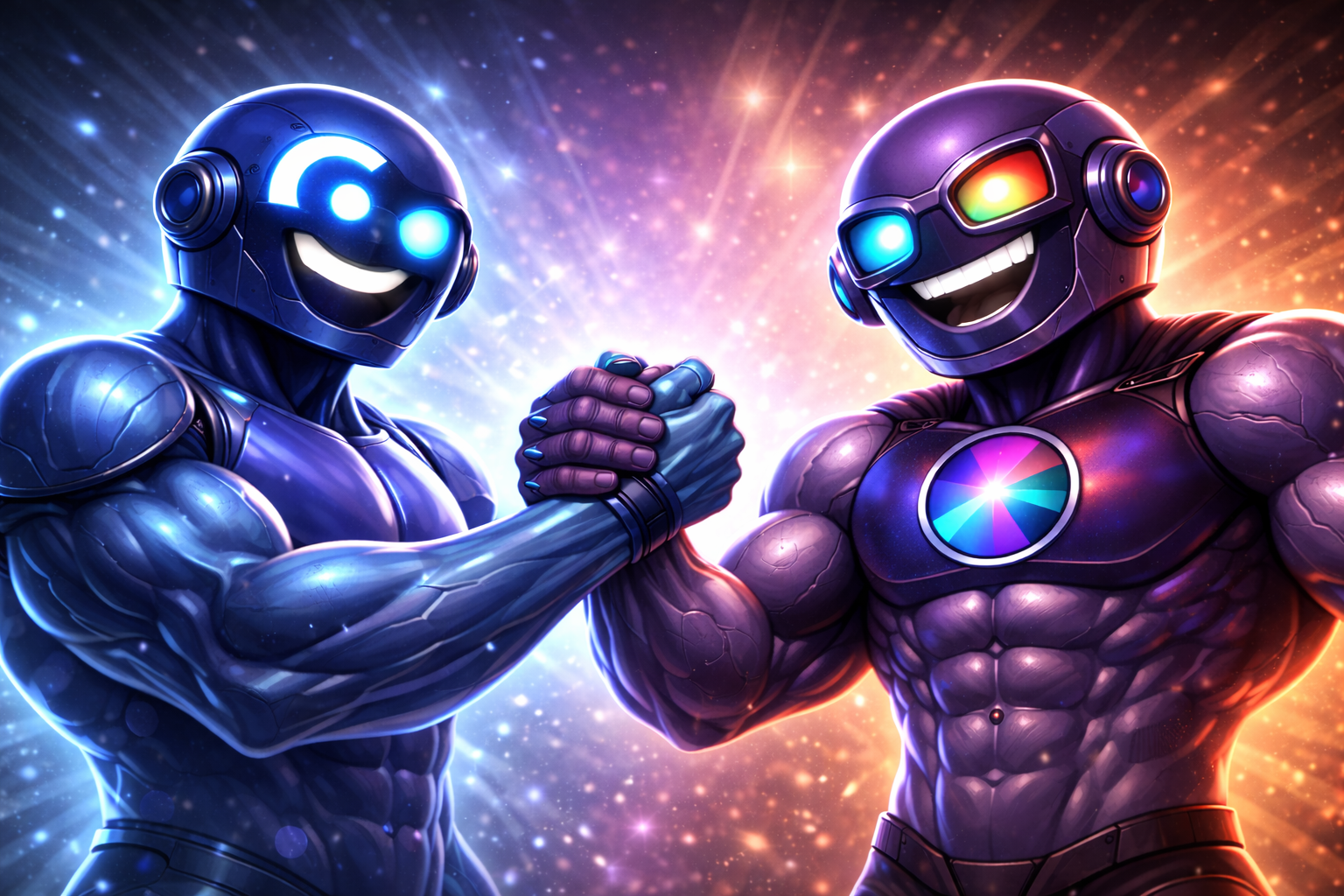 من موقع فون إسلام: اثنان من روبوتات الدردشة مفتولا العضلات بعيون متوهجة وابتسامات عريضة يشبكان أيديهما في مصافحة قوية على خلفية زاهية مليئة بالنجوم، كما لو كانا يحتفلان بإطلاق iOS 27 أو ترقية إلى سيري.