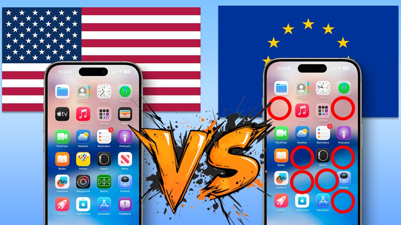 من موقع فون إسلام: هاتفان ذكيان مع عرض أيقونات التطبيقات: يظهر على اليسار الآي-فون الأمريكي أمام علم الولايات المتحدة، بينما يظهر على اليمين الآي-فون الأوروبي أمام علم الاتحاد الأوروبي، مع إبراز الفرق بين الآيفون مع العديد من أيقونات التطبيقات المحاطة بدائرة.