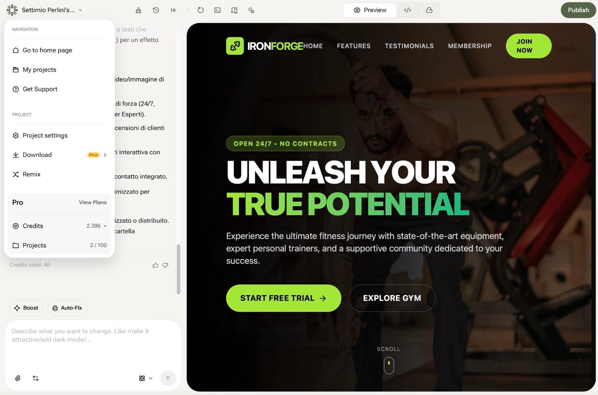 من موقع فون إسلام: لقطة شاشة لصفحة رئيسية لموقع إلكتروني لـ Ironforge Home، تروج لعضوية الصالة الرياضية مع عنوان عريض وأزرار تحث على اتخاذ إجراء, وصورة خلفية لرجل يرفع الأثقال - مصممة باستخدام YouWare بدون كود ومدعومة من بناء برمجيات برمجيات بالذكاء الاصطناعي.