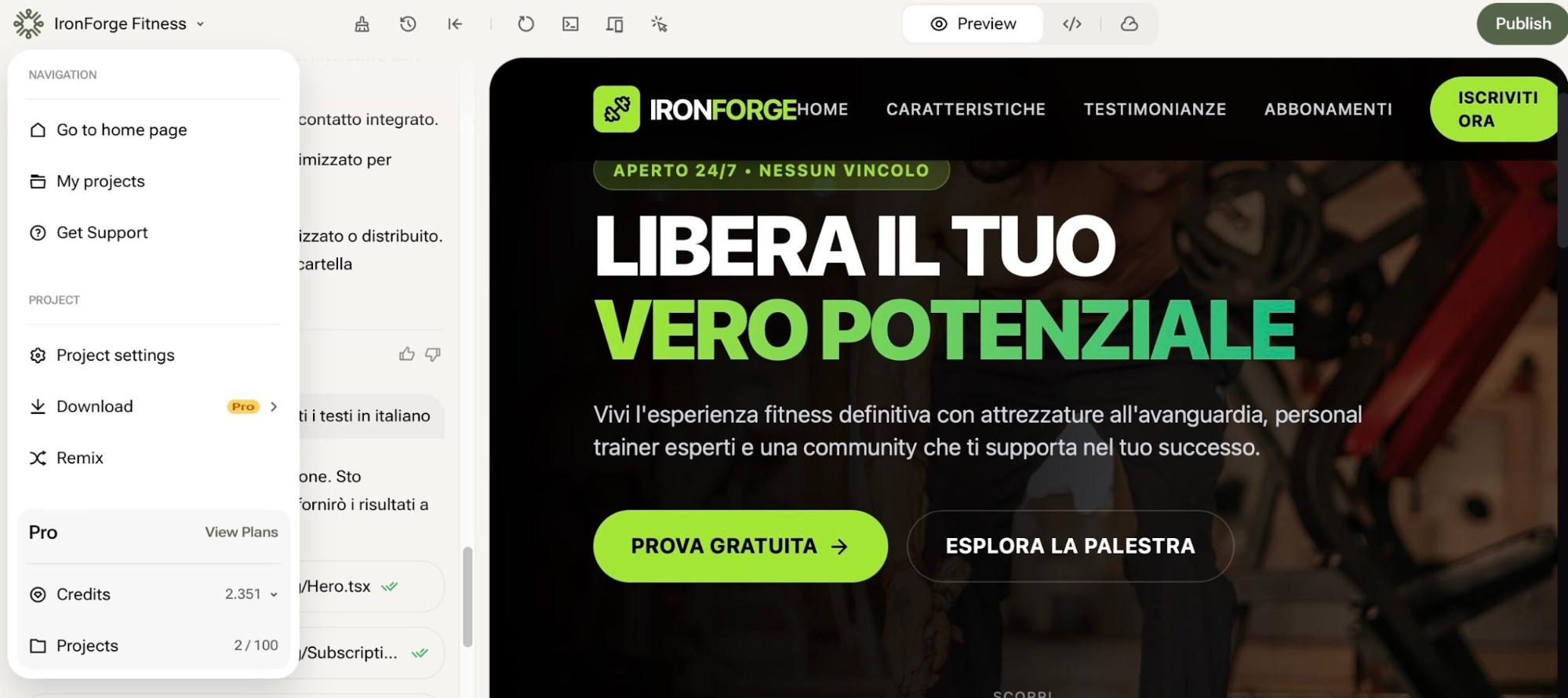 من موقع فون إسلام: لقطة شاشة للصفحة الرئيسية لموقع IronForgeHome على الويب تُظهر ترويجًا لخدمة اللياقة البدنية مع نص بالخط العريض "Libera il tuo vero potenziale"، وأزرار خضراء لبدء تجربة مجانية أو استكشاف الصالة الرياضية، وتلميحات من الذكاء الاصطناعي لتعزيز رحلة اللياقة البدنية.