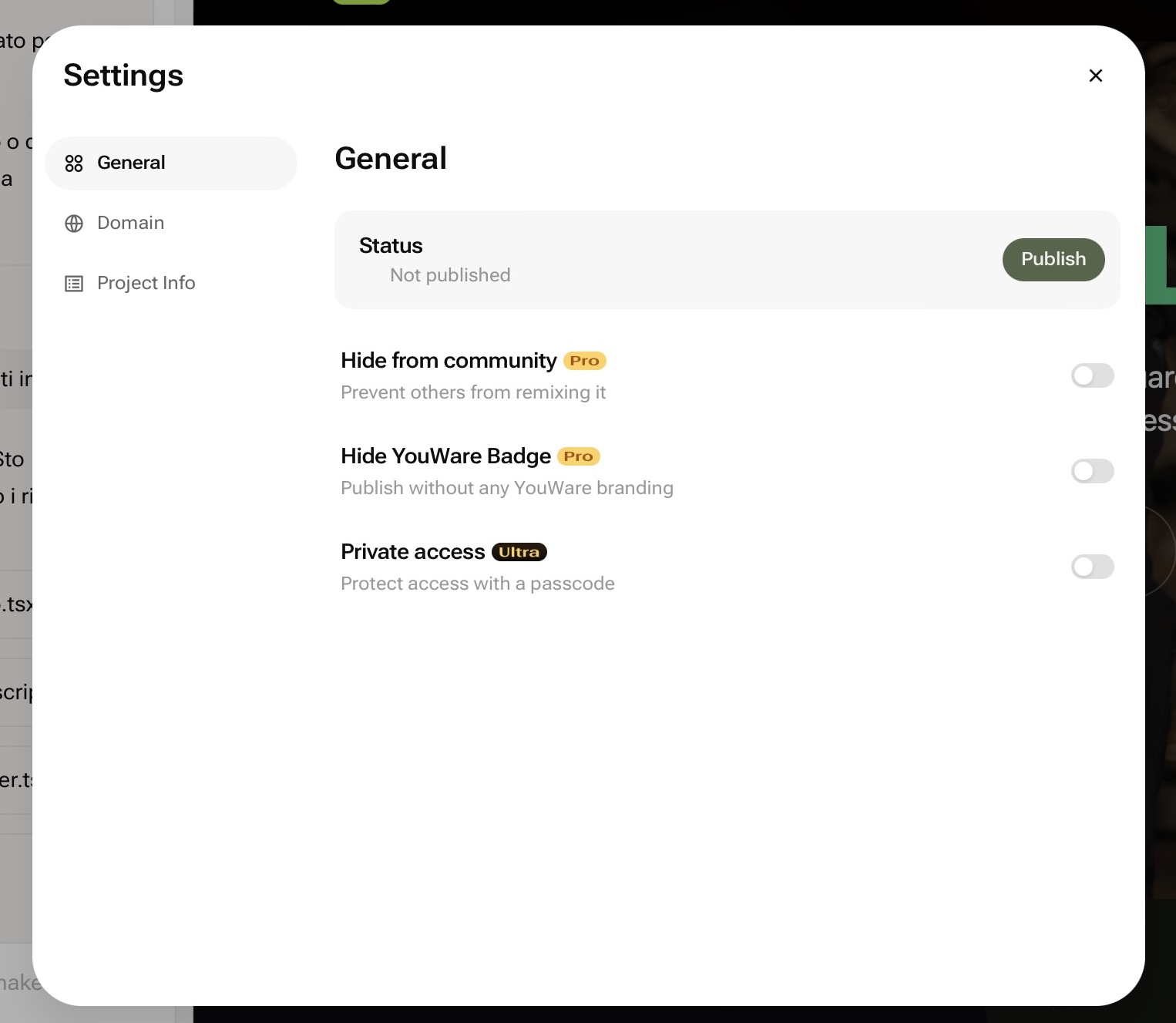 من موقع فون إسلام: نافذة الإعدادات الخاصة بـ بناء برمجيات برمجيات برمجيات بالذكاء الاصطناعي بدون كود، والتي تتميز بتبديلات لنشر الحالة وإخفائها من المجتمع وإخفاء شارة YouWare وتعيين الوصول الخاص - كل ذلك يمكن إدارته بسهولة بنقرة واحدة.