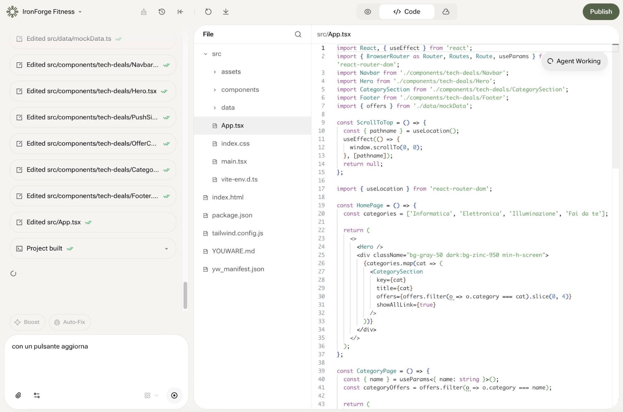 من موقع فون إسلام: محرر الشيفرة المستند إلى الويب والمدعوم من YouWare، وهو مفتوح - يعرض تغييرات الملف على اليسار وشيفرة React TypeScript على اليمين. يظهر زر "نشر" في أعلى اليمين، مما يبسط تطوير البرمجيات بالذكاء الاصطناعي.