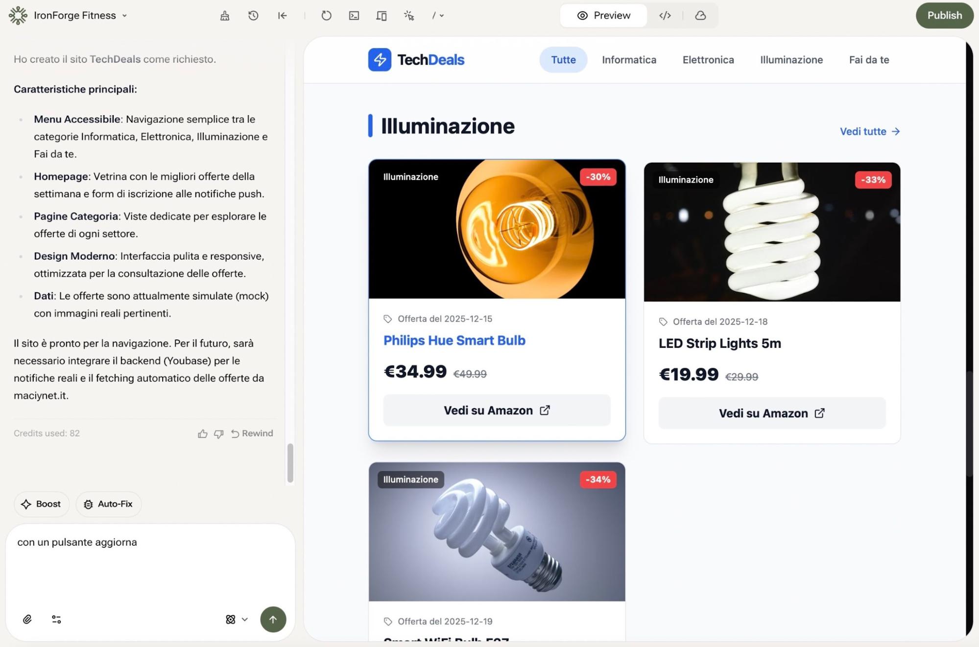 من موقع فون إسلام: تعرض صفحة ويب عروضًا تقنية على الإضاءة، حيث تعرض لمبة Hue الذكية من Philips Hue ومصابيح شريطية LED, مع خصومات وأسعار معروضة باليورو، وكلها مدعومة من YouWare لبناء برمجيات.