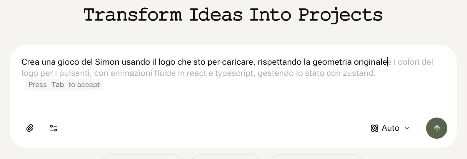 من موقع فون إسلام: يعرض مربع نصي تعليمات باللغة الإيطالية حول إنشاء لعبة سايمون بشعار مخصص باستخدام React و TypeScript, Zustand لإدارة الحالة، وYouWare لبناء برمجيات برمجيات بالذكاء الاصطناعي وبدون كود.