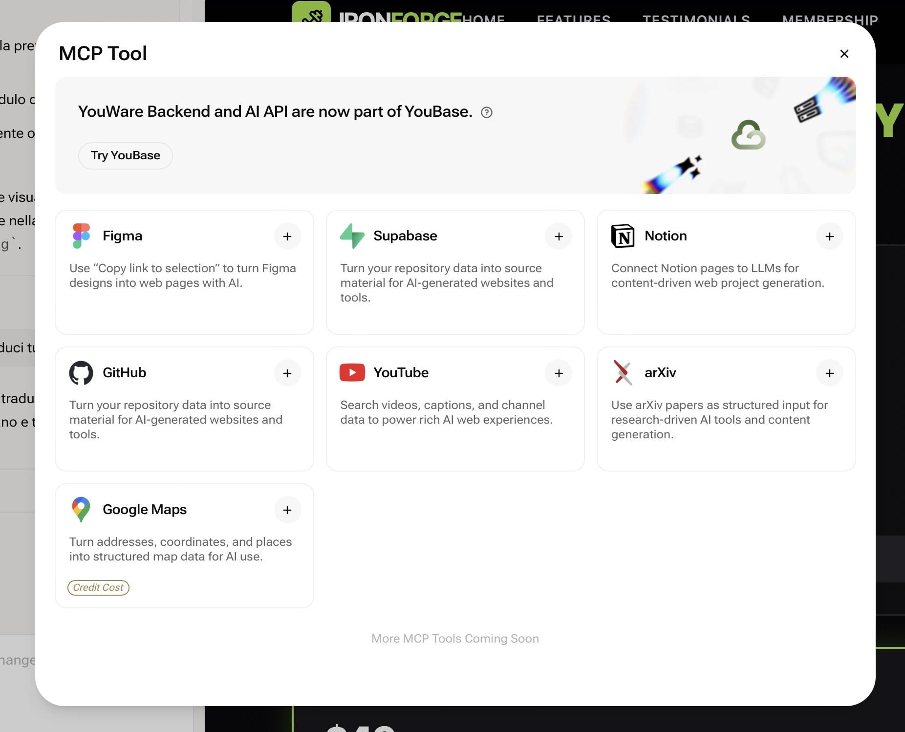 من موقع فون إسلام: تسرد النافذة المنبثقة عمليات التكامل لأداة MCP، بما في ذلك Figma وSupabase وNotion وYouWare وGitHub وYouWare وYouWare وYouXiv, وخرائط جوجل - مما يمكّنك من بناء برمجيات برمجيات بالذكاء الاصطناعي بسرعة مع وصف موجز لكل أداة.