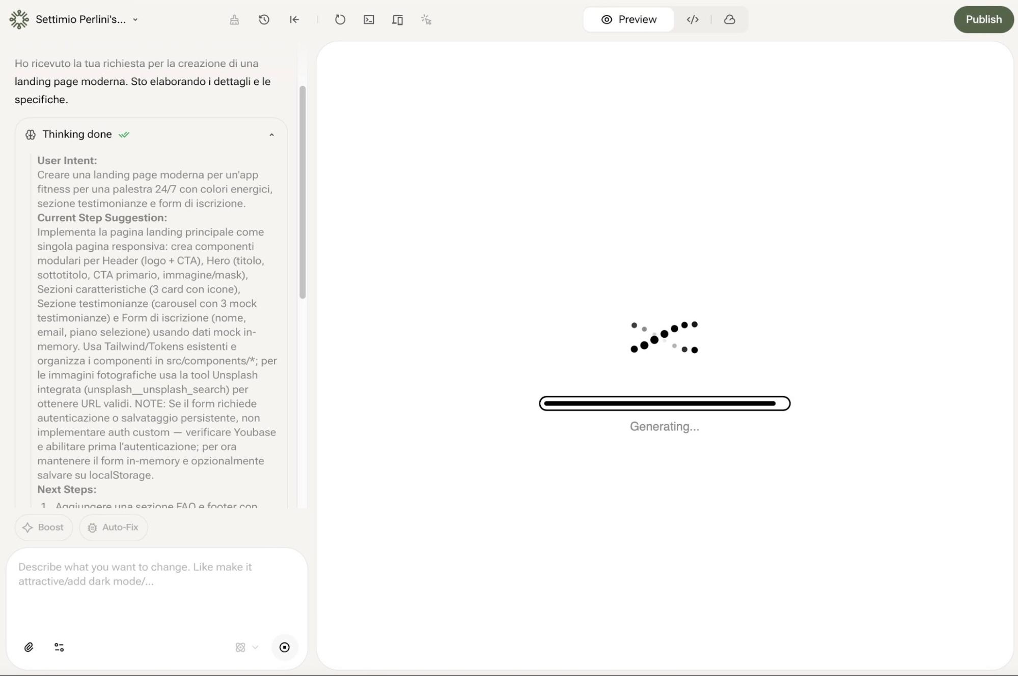 من موقع فون إسلام: شاشة كمبيوتر تعرض واجهة تصميم الويب YouWare مع مشروع نشط على اليسار ورسوم متحركة للتحميل في الوسط مكتوب عليها "توليد... بناء برمجيات بالذكاء الاصطناعي وبدون كود.