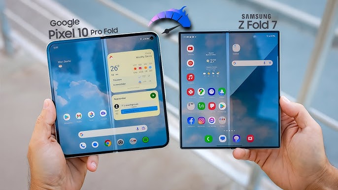 Z serwisu PhoneIslam: Dwie ręce trzymające dwa składane smartfony: Google Pixel 10 Pro Fold po lewej i Samsung Z Fold 7 po prawej, oba z widocznymi ekranami głównymi – ekscytujący rzut oka w przyszłość w zestawieniu z innowacjami takimi jak składany iPhone.