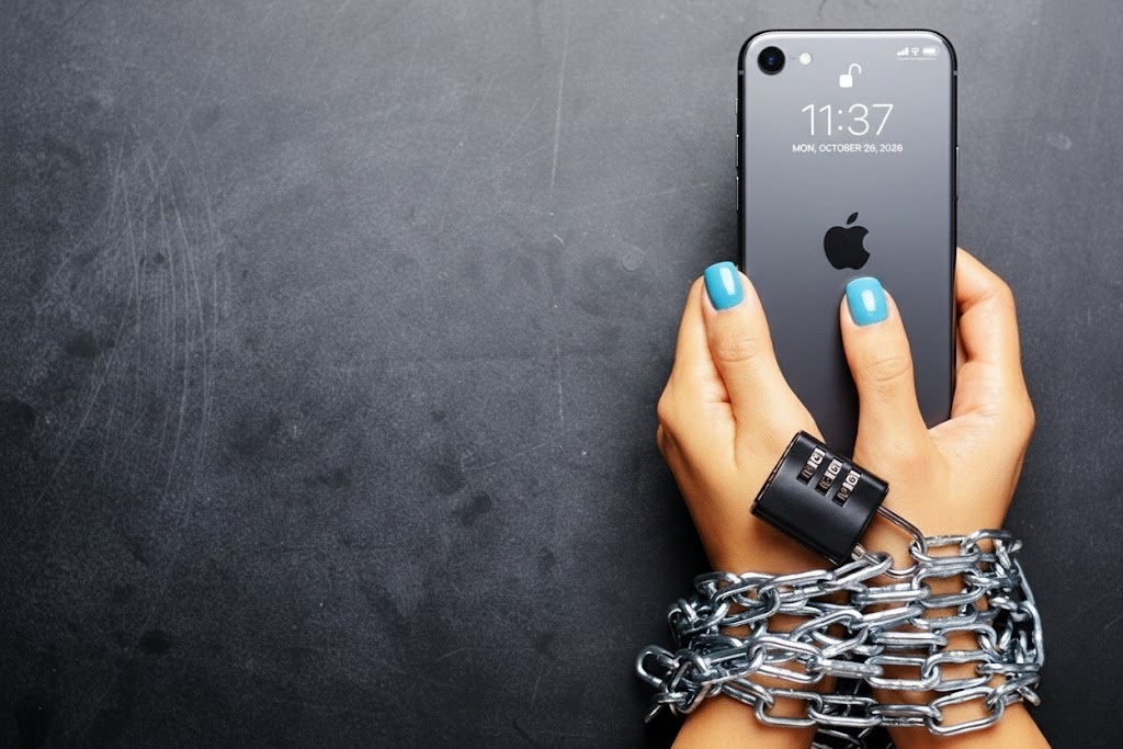من موقع فون إسلام: يد شخص ملفوفة بسلاسل وقفل مركب تحمل هاتف آيفون على خلفية داكنة، وأظافره مطلية باللون الأزرق، مما يعكس تأثير رؤية تيم كوك للتكنولوجيا الآمنة والأنيقة.