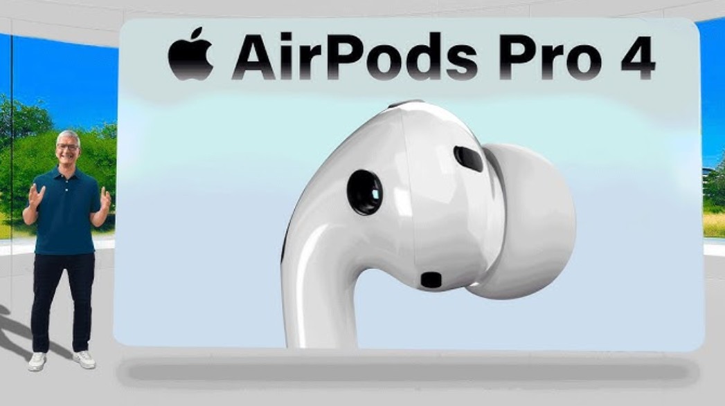 من موقع فون إسلام: رجل يقف بجانب شاشة عرض كبيرة تعرض سماعات AirPods Pro 4 الجديدة، مع صورة لسماعات الأذن ونص "Apple AirPods Pro 4.