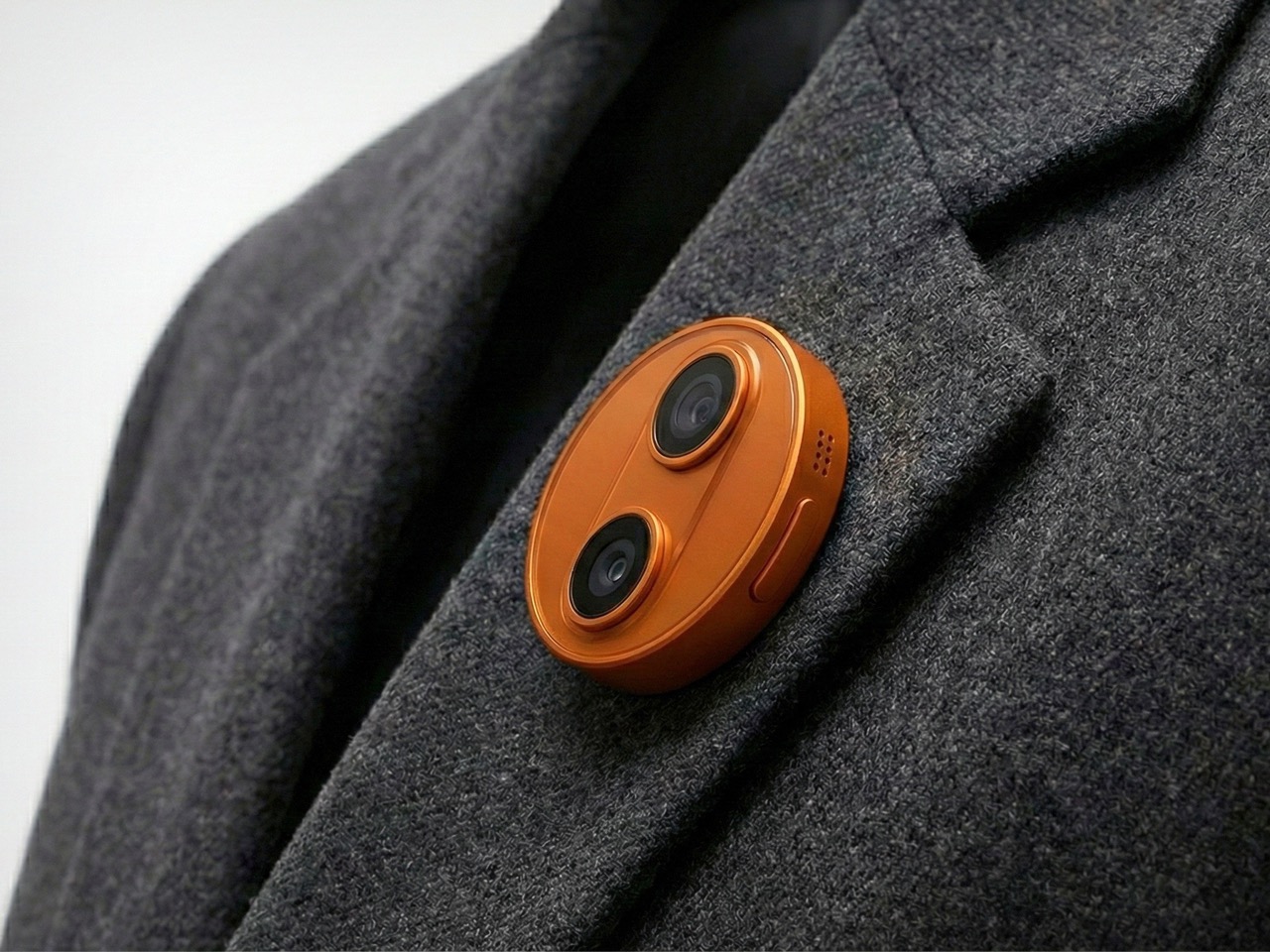 من موقع فون إسلام: كاميرا برتقالية مزدوجة العدسة تشبه في حجمها جهاز AirTag، مثبتة على طية صدر السترة في معطف رمادي اللون.