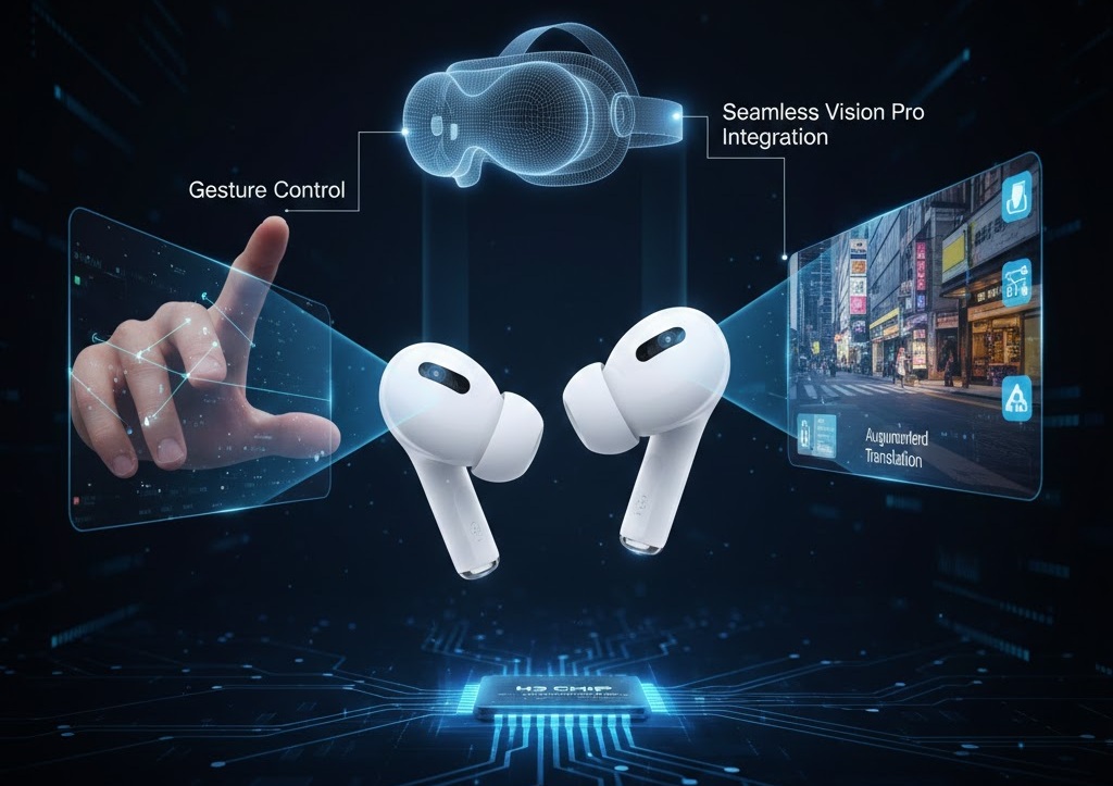 من موقع فون إسلام: يتميز الرسم التوضيحي الرقمي بسماعات أذن لاسلكية مثل AirPods Pro 4، والتحكم بالإيماءات باليد، وسماعة رأس للواقع الافتراضي، وشاشة عرض في شارع المدينة تحمل اسم "دمج Seamless Vision Pro" و"الترجمة المعززة.