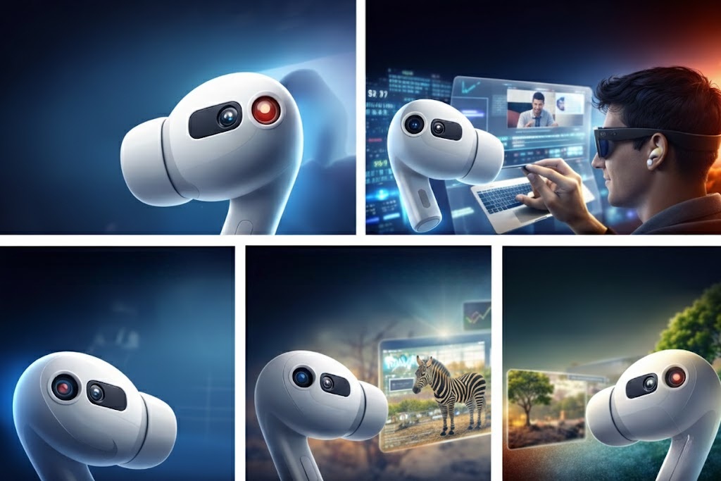 من موقع فون إسلام: مجموعة من سماعات الأذن اللاسلكية المستقبلية، مثل AirPods Pro 4 المزودة بكاميرات مدمجة، تظهر في إعدادات مختلفة، بما في ذلك اجتماع افتراضي ومشاهد خارجية والتفاعل مع الواجهات الرقمية.