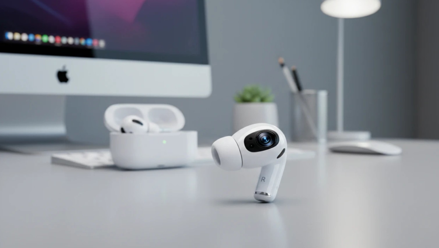 من موقع فون إسلام: صورة مقرّبة لسماعات AirPods Pro 4 على مكتب، مع علبة شحن مفتوحة، وجهاز iMac، ولوازم مكتبية في الخلفية.