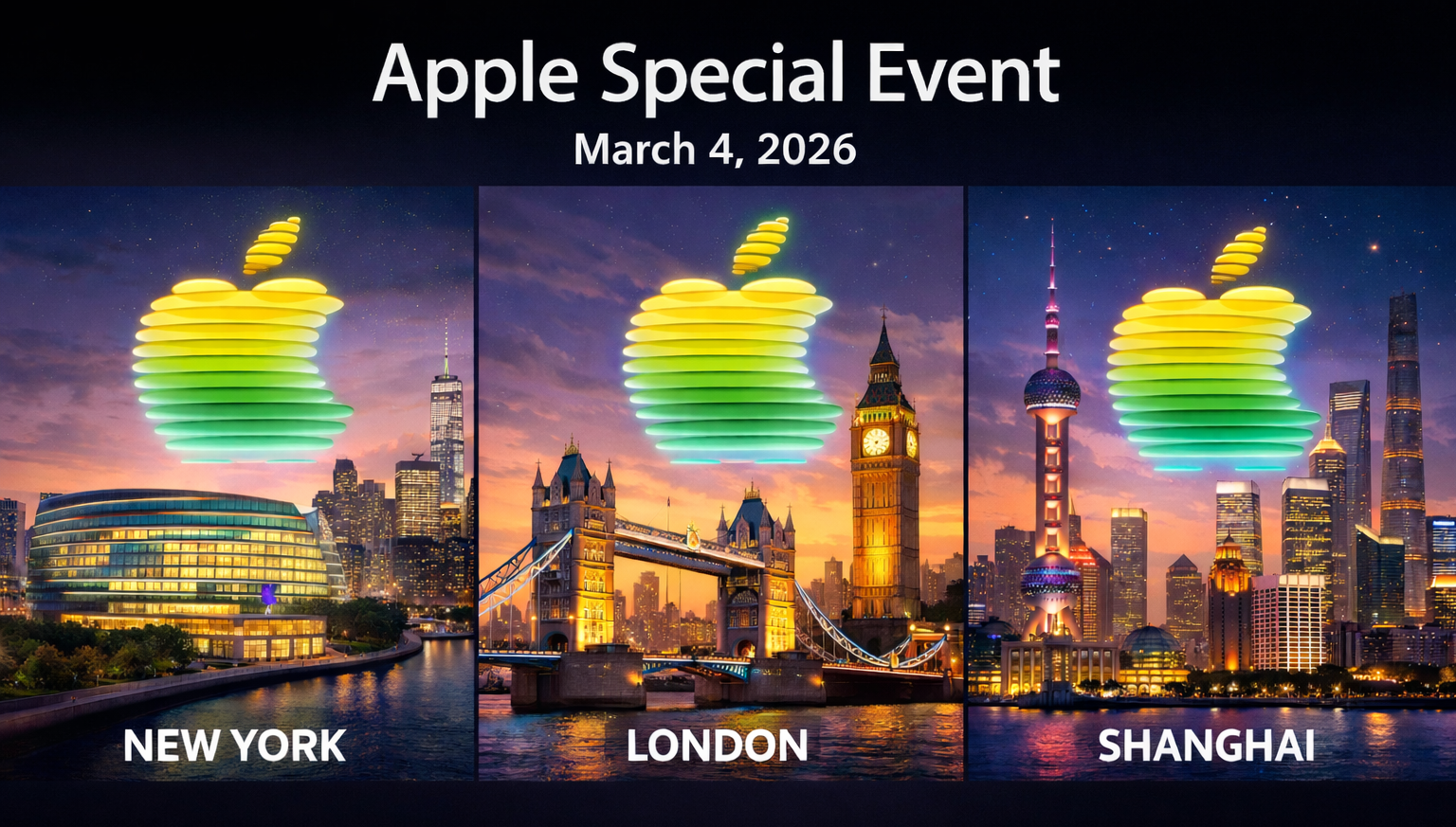 من موقع فون إسلام: تُظهر ثلاث لوحات شعار أبل فوق أفق نيويورك ولندن وشنغهاي، مع نص يعلن عن حدث خاص من Apple في 4 مارس 2026.