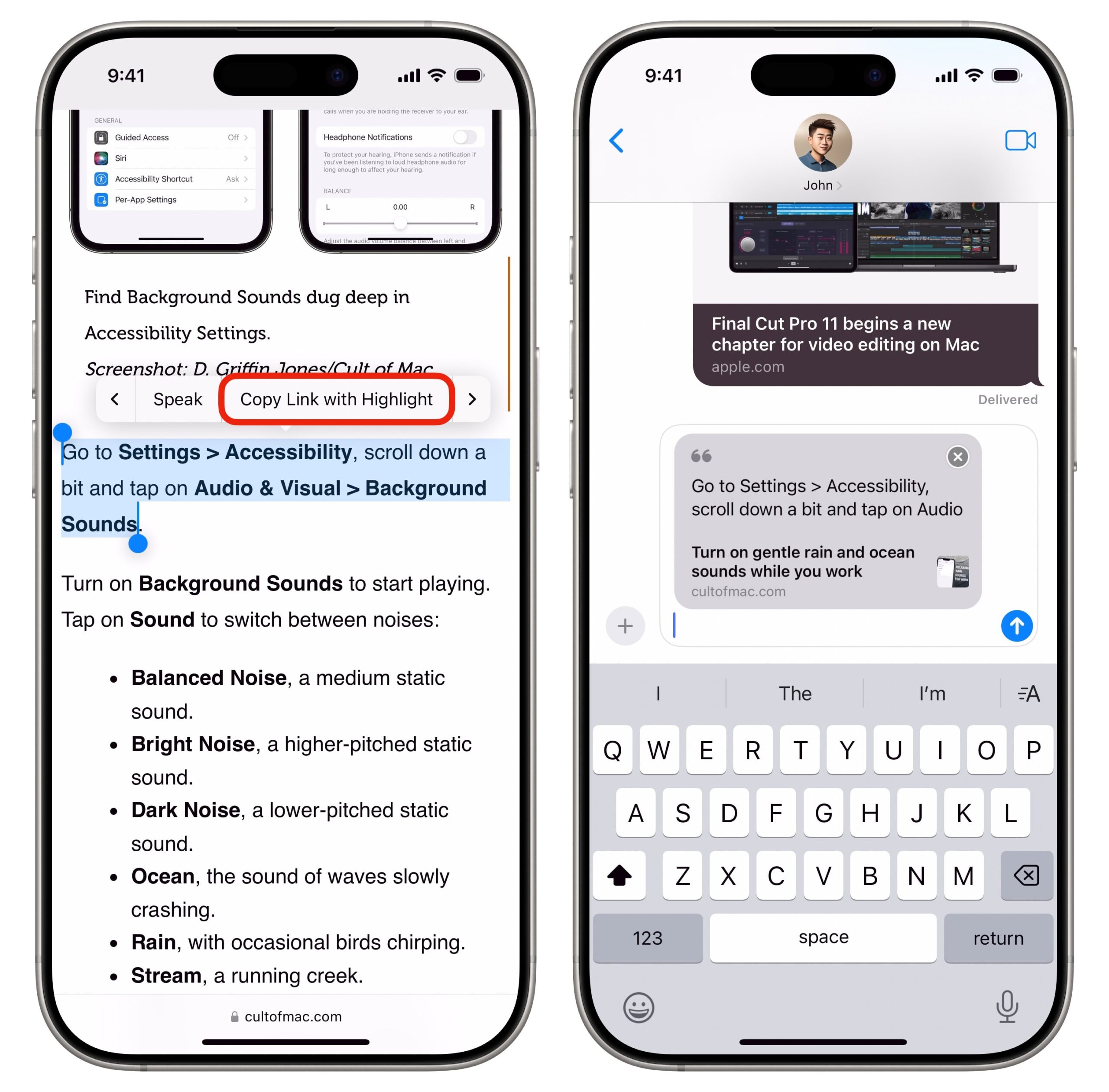 من موقع فون إسلام: يعرض جهازي آي-فون تعليمات المشاركة: يعرض اليسار نصًا مميزًا وخيار "نسخ الرابط مع تمييز"؛ ويعرض اليمين رسالة تعرض تمييزًا مقتبسًا مع رابط -مثال رائع من نصائح الآيفون وحيل الآيفون.