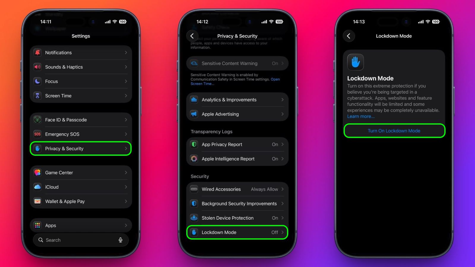 من موقع فون إسلام: تعرض ثلاثة أجهزة آيفون و آيباد خطوات تمكين نمط الحماية القصوى: افتح الخصوصية والأمان في الإعدادات، واختر نمط الحماية القصوى، وانقر على "تشغيل وضع الإغلاق" على شاشة الخيارات.