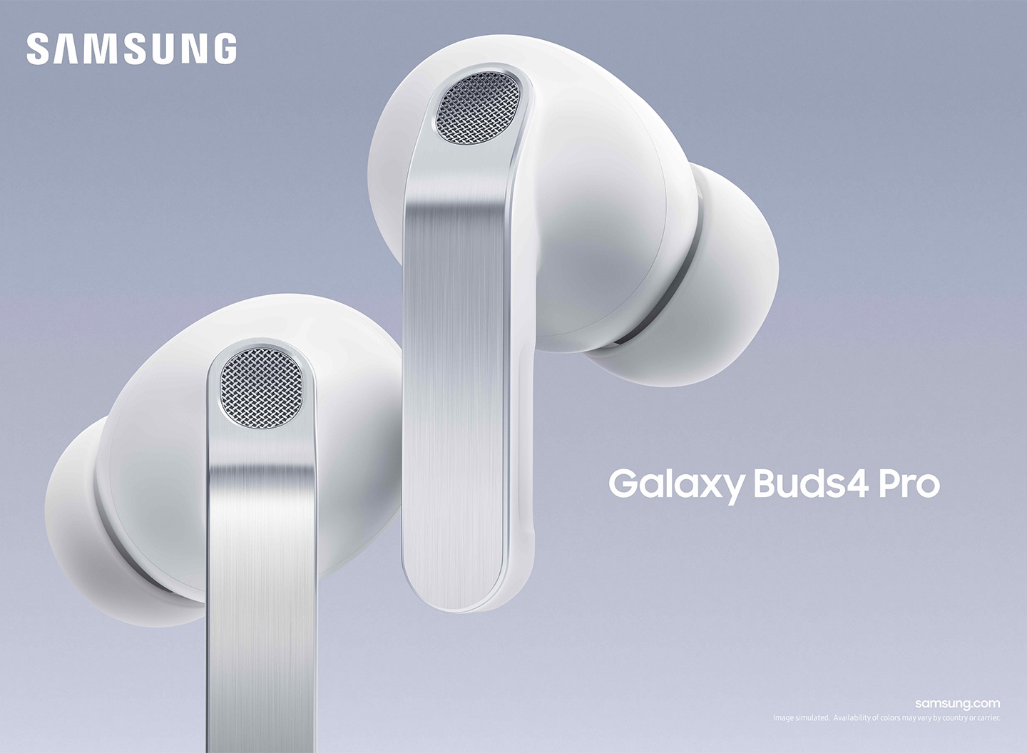 من موقع فون إسلام: تظهر سماعتا أذن لاسلكيتان من سامسونج Galaxy Buds4 Pro باللون الأبيض عن قرب على خلفية رمادية فاتحة، مع ظهور شعار سامسونج واسم المنتج - تم الكشف عنها في مؤتمر سامسونج.