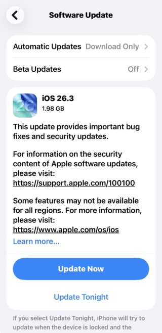 من موقع فون إسلام: لقطة شاشة لتحديث برنامج آيفون لنظام أبل iOS 26.3 مع إصلاحات للأخطاء وتحديثات أمنية وخيارين: "التحديث الآن" و"التحديث الليلة.