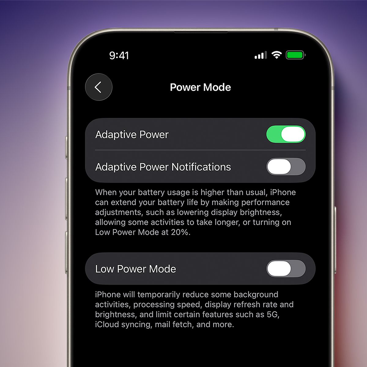 من موقع فون إسلام: آي-يعرض إعدادات وضع الطاقة مع تفعيل وضع الطاقة المتكيفة وإيقاف إشعاراته، بالإضافة إلى تعطيل وضع الطاقة المنخفضة تظهر أيضًا أوصاف كل وضع، ما يوفر نظرة شاملة لحيل الآيفون في تحسين عمر البطارية.