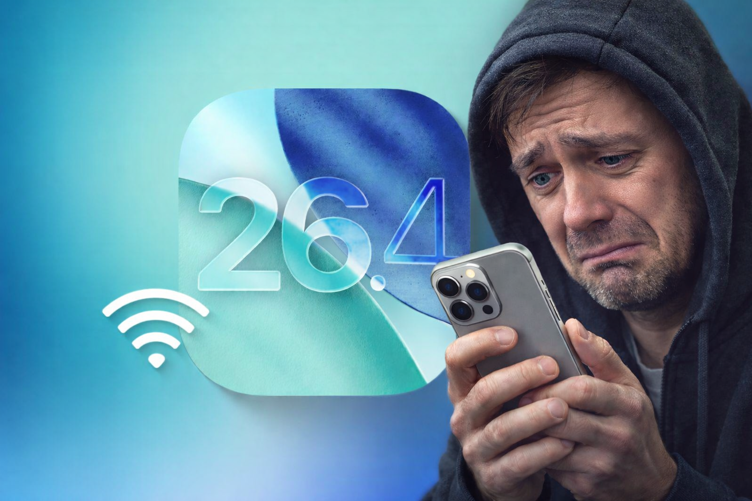 من موقع فون إسلام: رجل يرتدي سترة بغطاء للرأس ينظر بقلق إلى هاتفه الذكي، مع رمز iOS 26.4 ورمز واي فاي ضعيف متراكب، مما يسلط الضوء على المخاوف بشأن حماية الجهاز من السرقة واتباع بيانات نقطة الاتصال الشخصية.