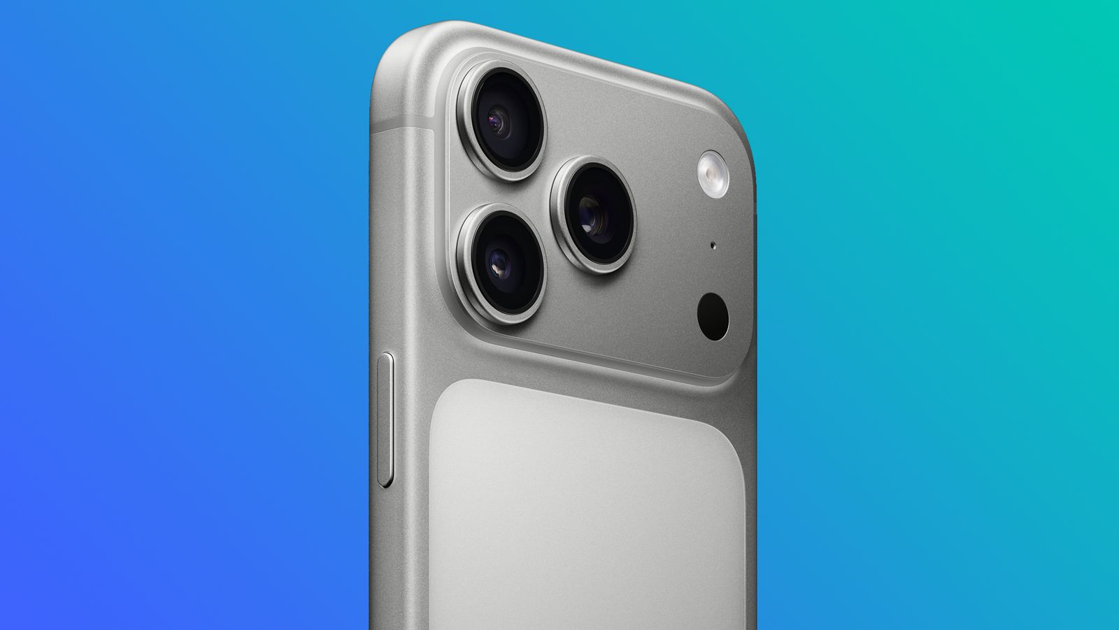 من موقع فون إسلام: لقطة مقربة للجزء الخلفي من هاتف ذكي فضي اللون مع ثلاث عدسات كاميرا وفلاش وخلفية متدرجة من الأزرق إلى الأخضر - وهي مثالية لملخص لأخبار التقنية في يناير وفبراير.