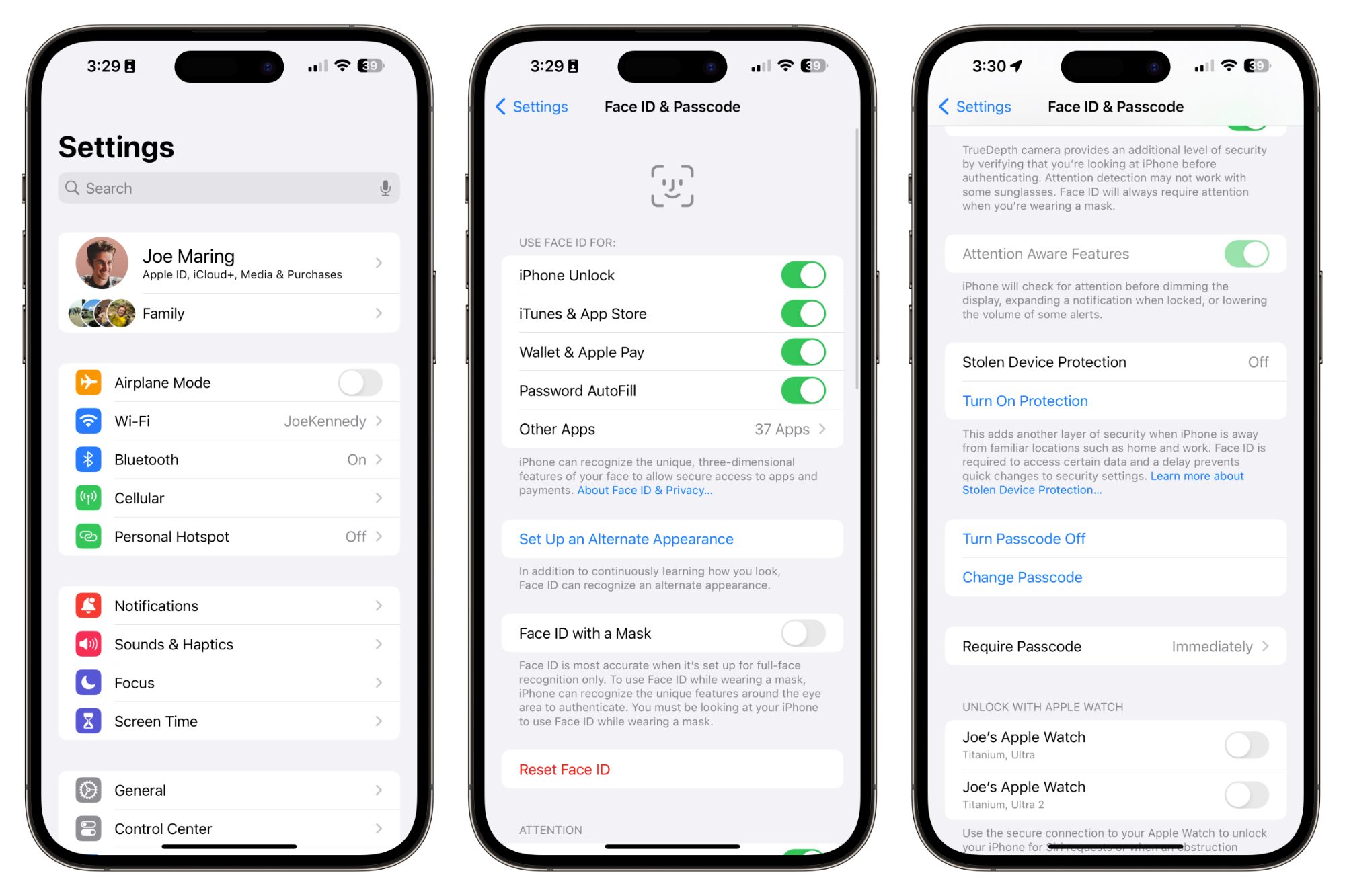 من موقع فون إسلام: تعرض ثلاث شاشات لإعدادات أجهزة آيفون: الأولى تعرض قائمة الإعدادات الرئيسية، والثانية تسلط الضوء على ميزات نظام التشغيل iOS 26.4 لمعرف الوجه ورمز المرور، والثالثة تفاصيل حماية جهازك من السرقة مع إعدادات أمان معرف الوجه المتقدمة.