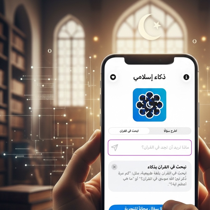 من موقع فون إسلام: شخص يحمل هاتفًا ذكيًا يعرض واجهة تطبيق ذكاء إسلامي باللغة العربية، مع مكتبة وهلال غير واضحين بهدوء في الخلفية.
