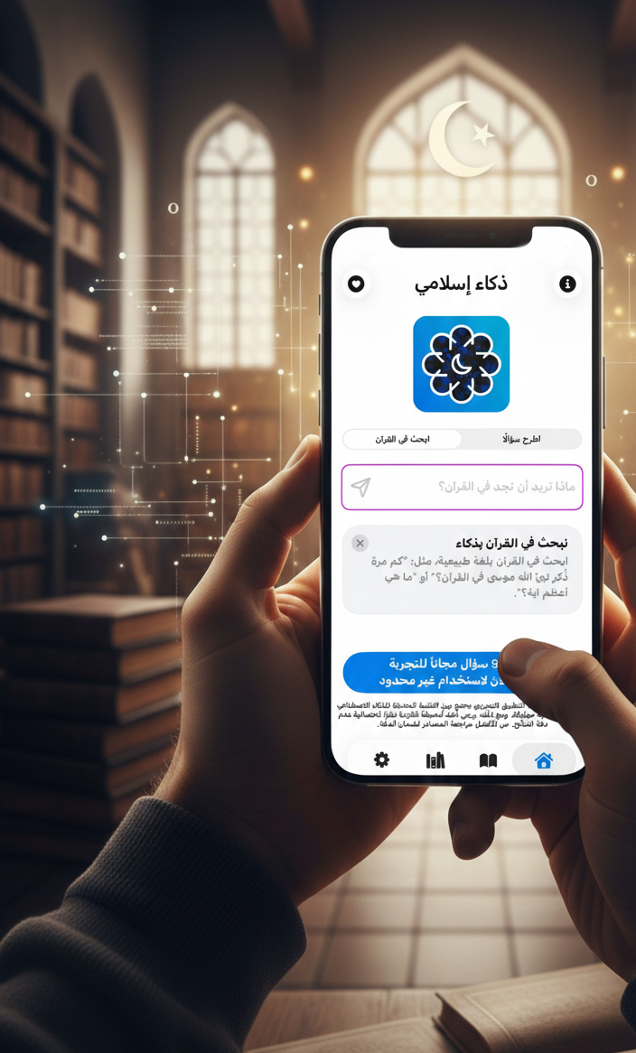 من موقع فون إسلام: شخص يحمل هاتفًا ذكيًا يعرض واجهة تطبيق ذكاء إسلامي باللغة العربية، على خلفية مكتبة رقمية مع أيقونات ذات طابع إسلامي مضيئة.