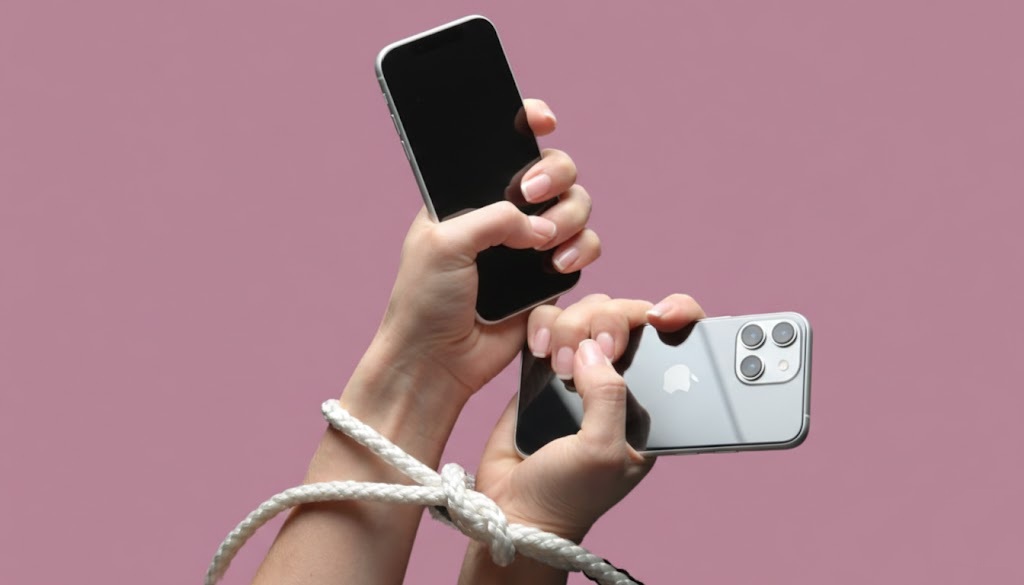 من موقع فون إسلام: يدان تحملان هاتفين ذكيين مربوطتان بحبل أبيض على خلفية وردية اللون، ترمز إلى الاتصال الرقمي في عصر تيم كوك.