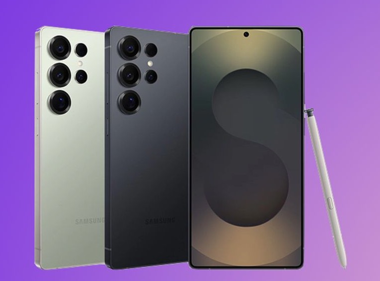 من موقع فون إسلام: ثلاثة هواتف سامسونج مع قلم قلم ستايلس تظهر أمام خلفية متدرجة؛ تبرز الهواتف من الأمام والخلف لتسليط الضوء على شاشاتها الضوء على شاشاتها وكاميراتها، ما يعكس الاحترافية المطلقة في التصميم والمميزات المنافسة لكاميرا آيفون 18 برو.