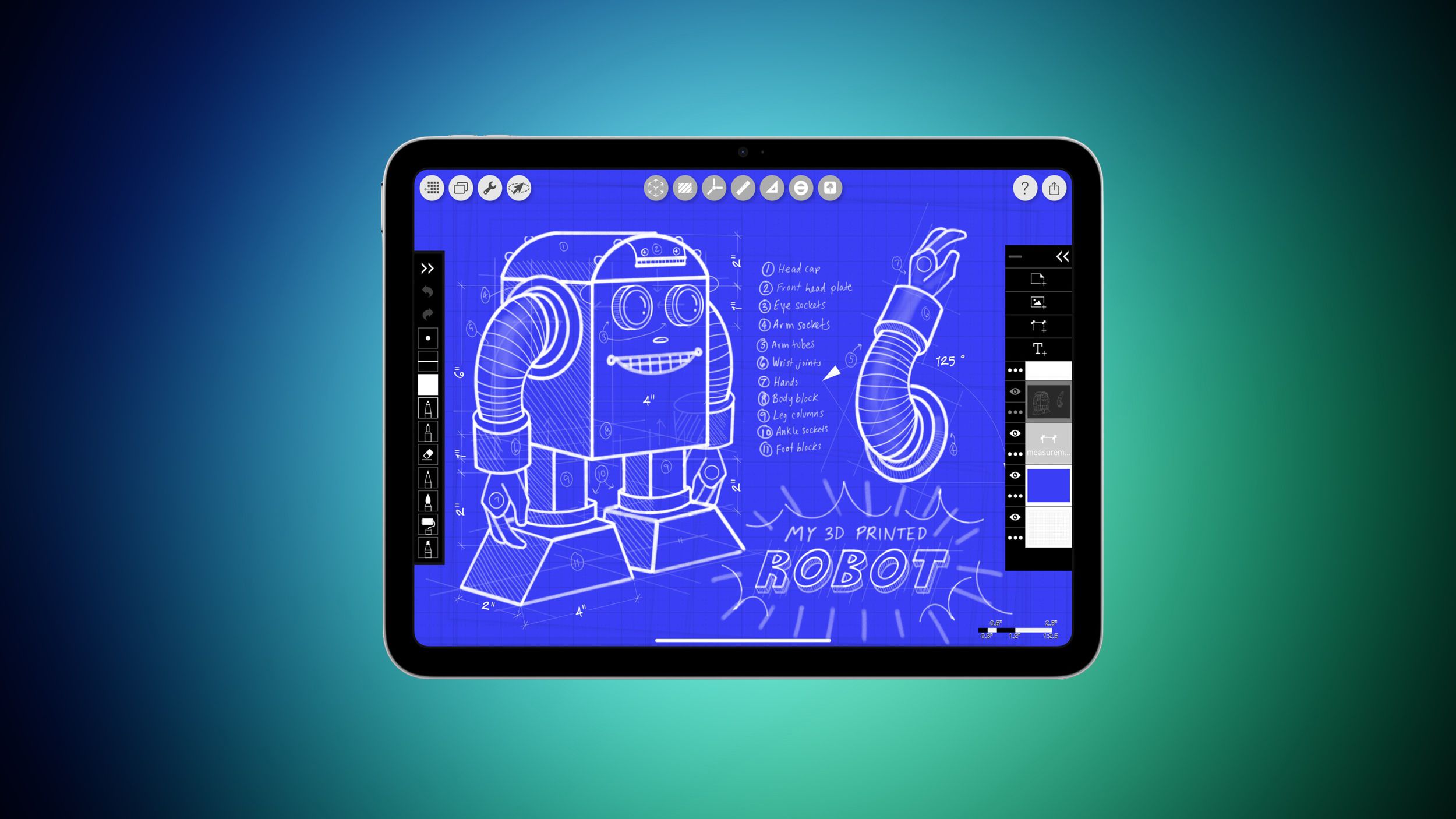 من موقع فون إسلام: يعرض الجهاز اللوحي رسمًا رقميًا لمخطط رقمي لروبوت، بما في ذلك الأجزاء المصنفة وملاحظات التصميم، على خلفية متدرجة زرقاء.