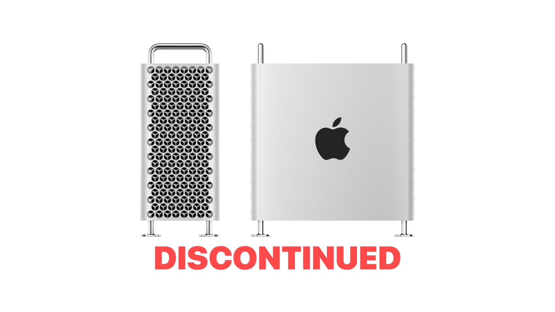 من موقع فون إسلام: منظران أمامي وجانبي لجهاز كمبيوتر Apple Mac Pro فضي اللون مع كلمة "متوقف" بنص أحمر في الأسفل.