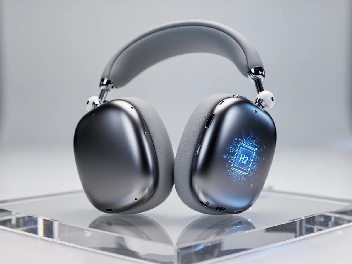 من موقع فون إسلام: سماعات رأس سماعة AirPods Max 2 اللاسلكية الأنيقة التي توضع فوق الأذن مع شاشة رقمية على غطاء الأذن تظهر رسم شريحة H2 ترتكز على منصة واضحة على خلفية محايدة.